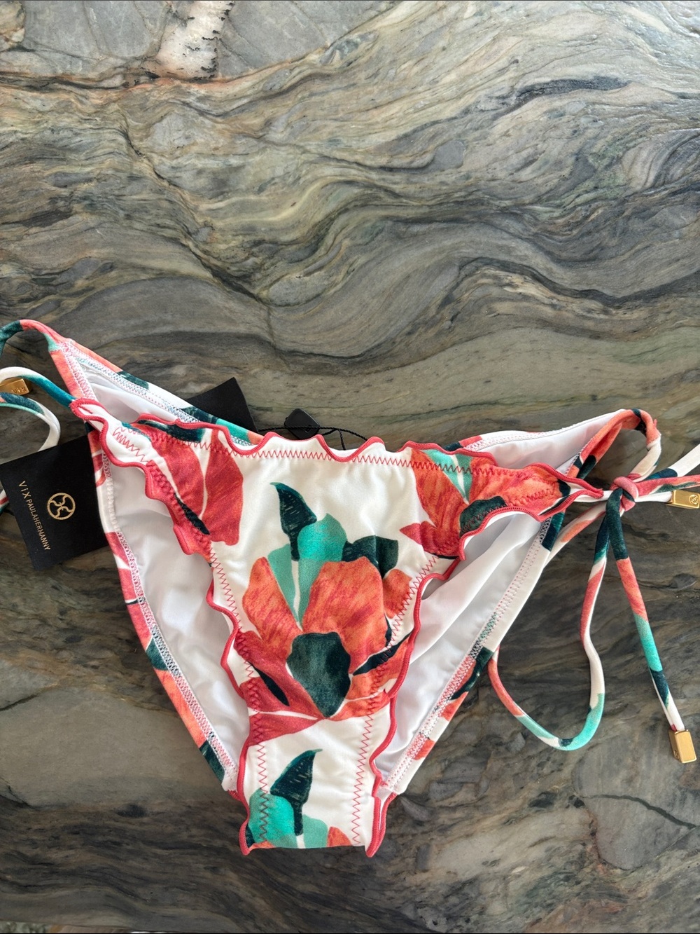 Vix Floral Coral Green White Tie-Side Bikini Bottom
